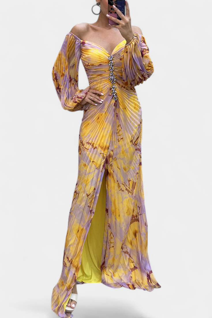 Quintessa Robe de Soirée Off-Shoulder Plissée à Manches Bouffantes