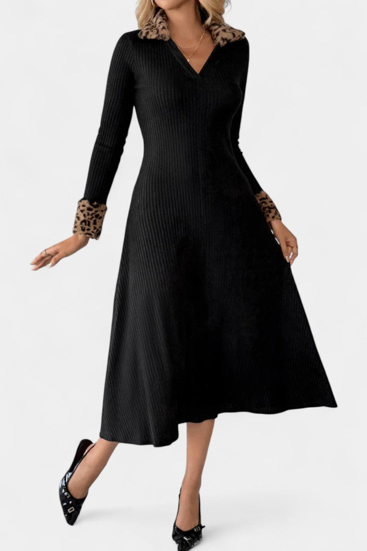 Héloïse Robe Midi Texturée Patchwork Léopard à Manches Longues