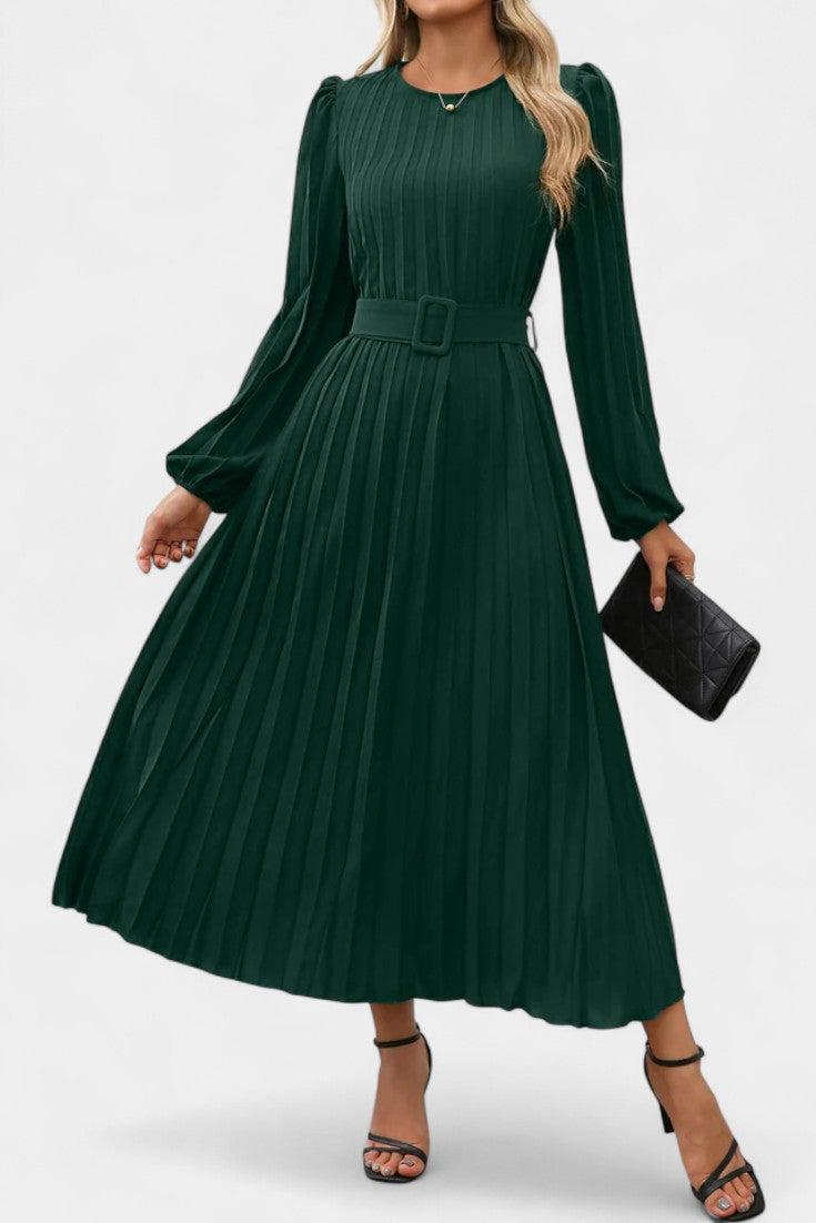 Christelle Robe Longue Plissée à Manches Bouffantes et Ceinture
