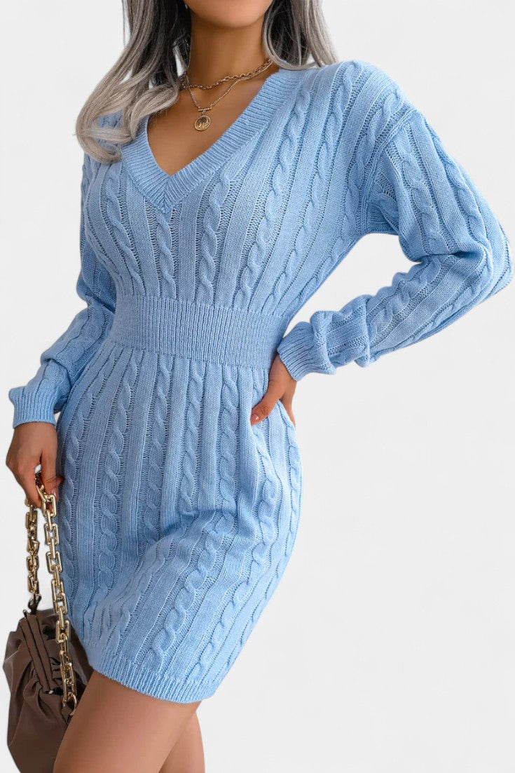 Cléora Robe Pull Mini Près du Corps à Manches Longues en Maille Torsadée