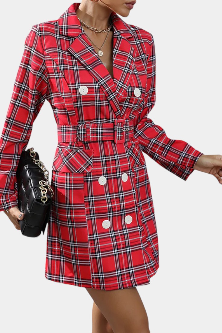 Maddy Robe Tailleur à Carreaux Pied-de-Poule avec Revers et Ceinture