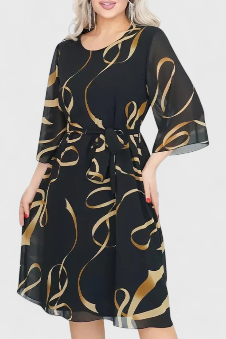 Ame Robe Midi à Imprimé Abstrait et Ceinture Ajustable