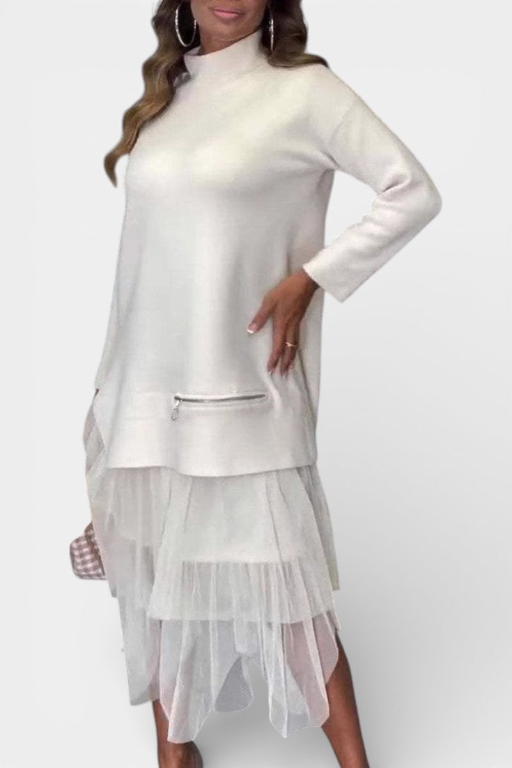 Fiorenza Robe Tricot et Tulle à Col Montant