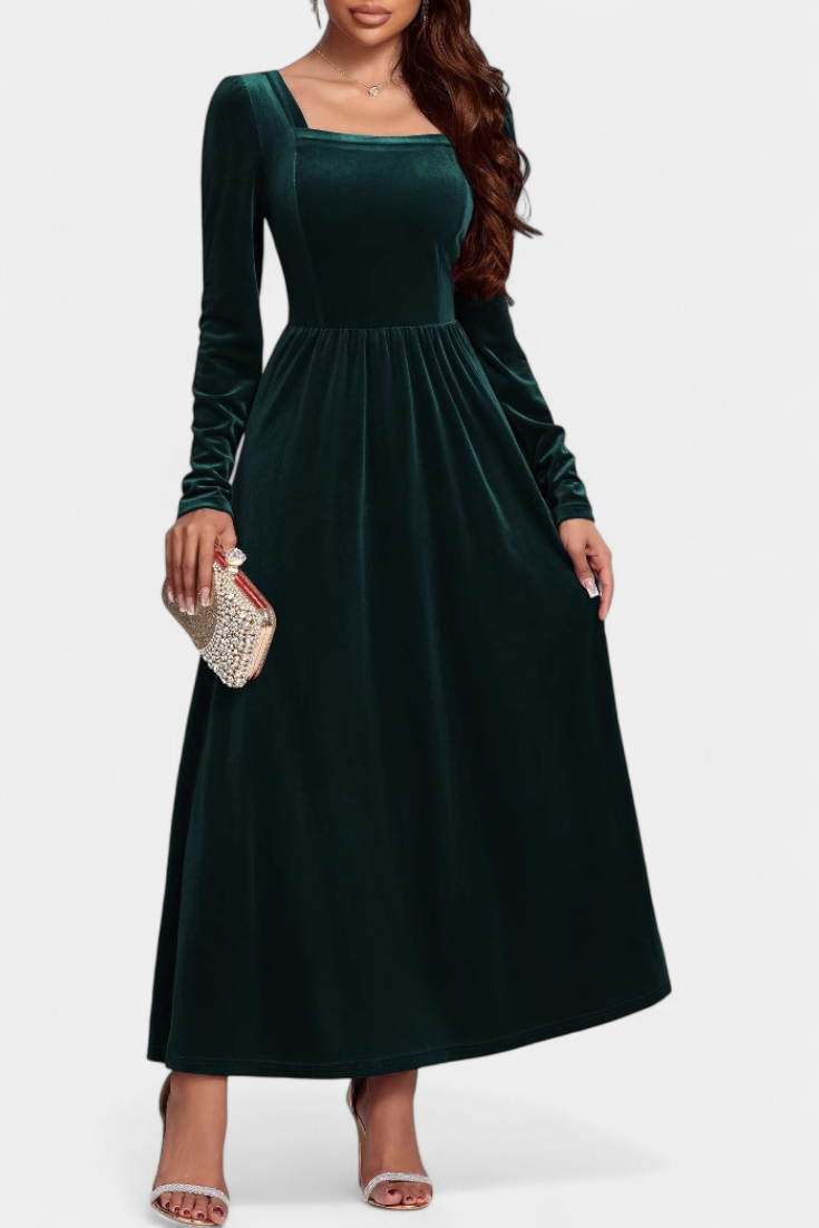 Stéphanie Robe Longue en Velours à Dos Nu et Col Carré