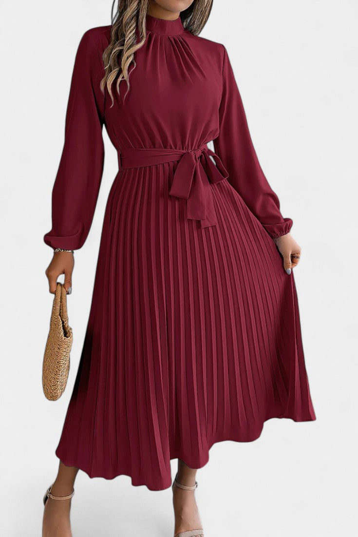 Morgane Robe Plissée à Col Montant Froncé et Taille Nouée