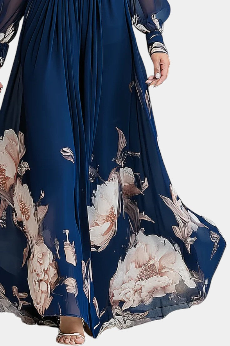 Ally Robe Longue Plissée Fleurie à Décolleté en V et Manches en Tulle