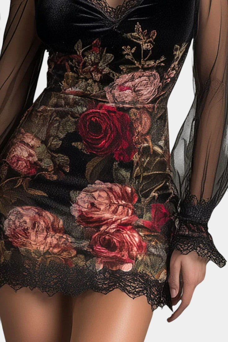 Kessy Robe Mini en Tulle avec Imprimé Rose en Velours et Dentelle