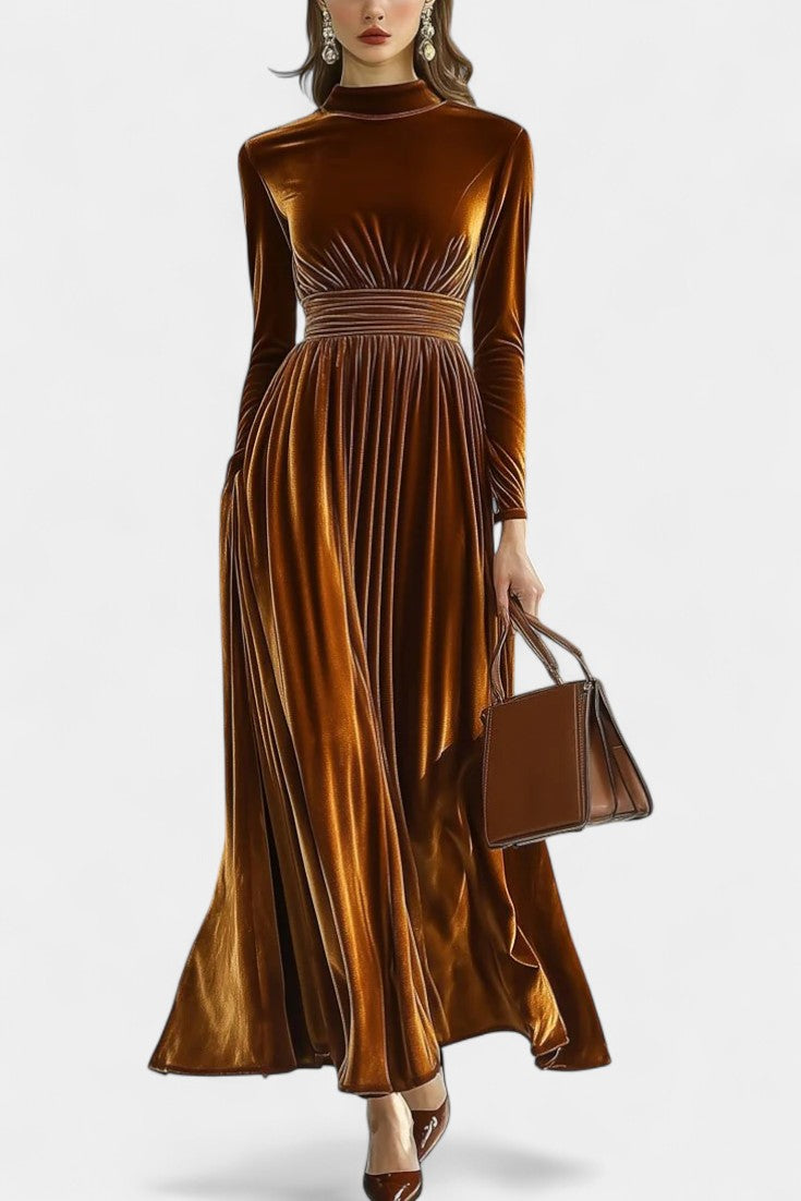 Doryane Robe Maxi en Velours à Col Montant et Manches Longues