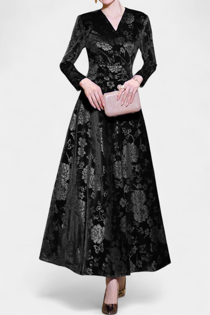 Ombeline Robe Longue en Velours à Col V et Motif Floral Texturé