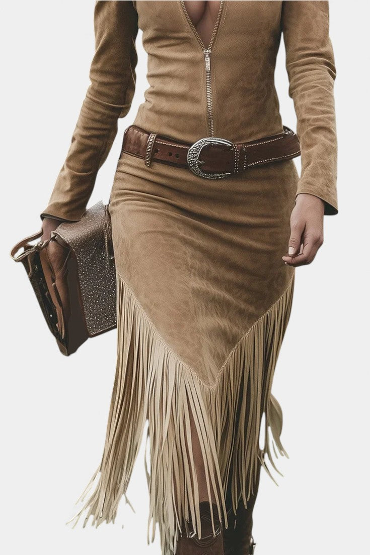 Febe Robe Vintage Western à Revers et Fermeture Éclair