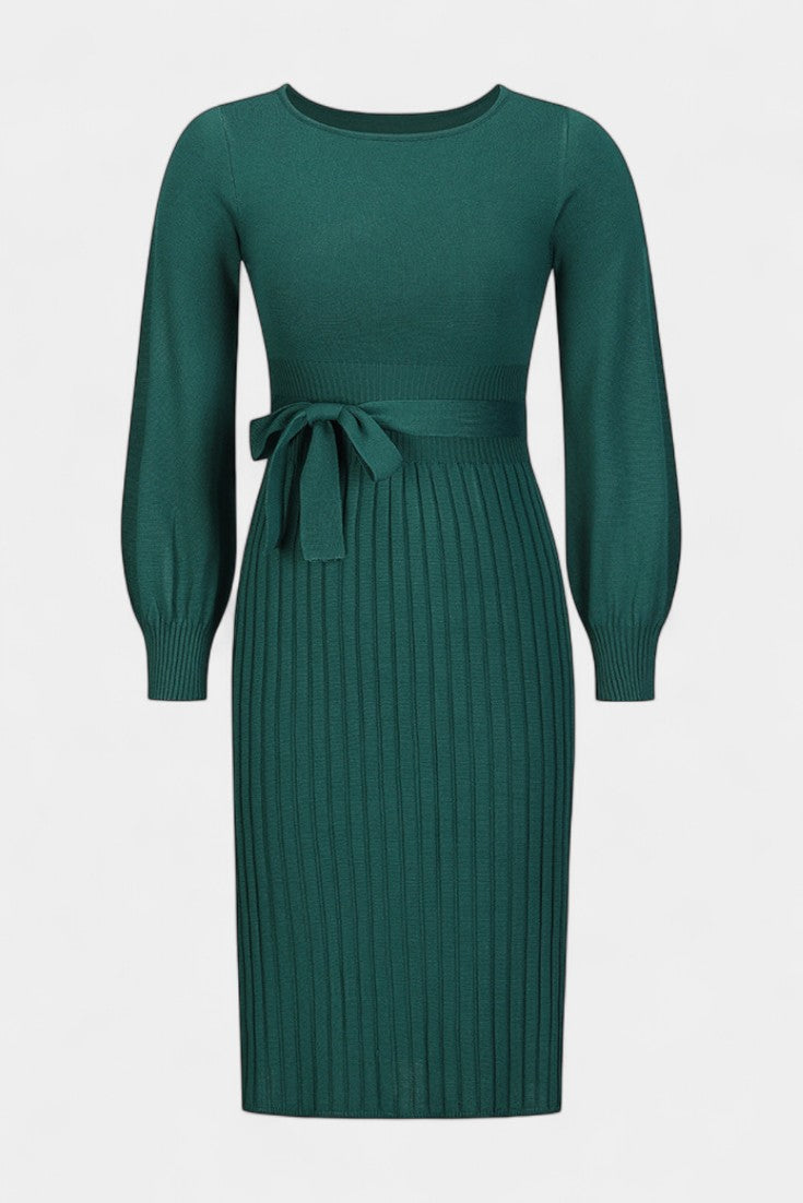 Chloéria Robe Pull Midi Plissée à Ceinture et Maille Côtelée