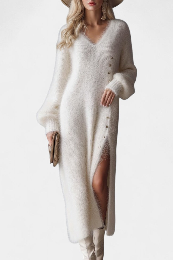 Méthilde Robe Midi Tricotée en Fourrure à Boutons Métalliques