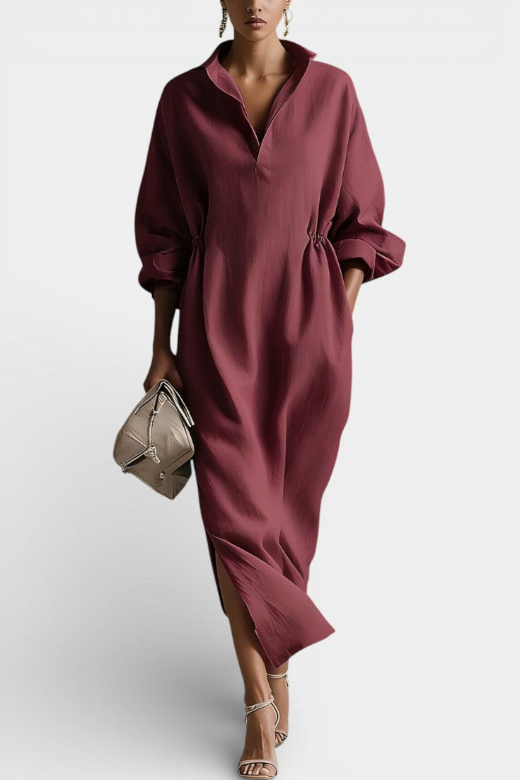 Adisa Robe Longue Fluide en Lin Écru à Col Chemise
