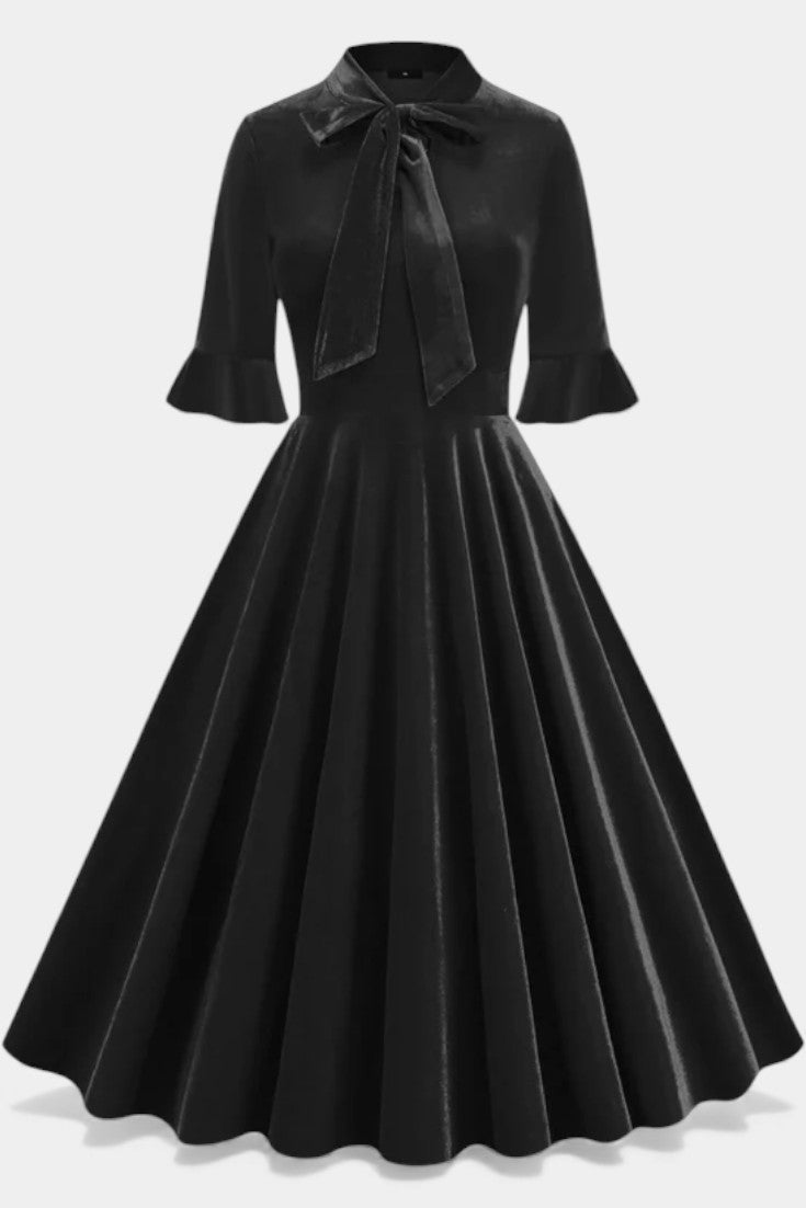Domitille Robe Midi Vintage en Velours avec Manches Volantées et Nœud Élégant