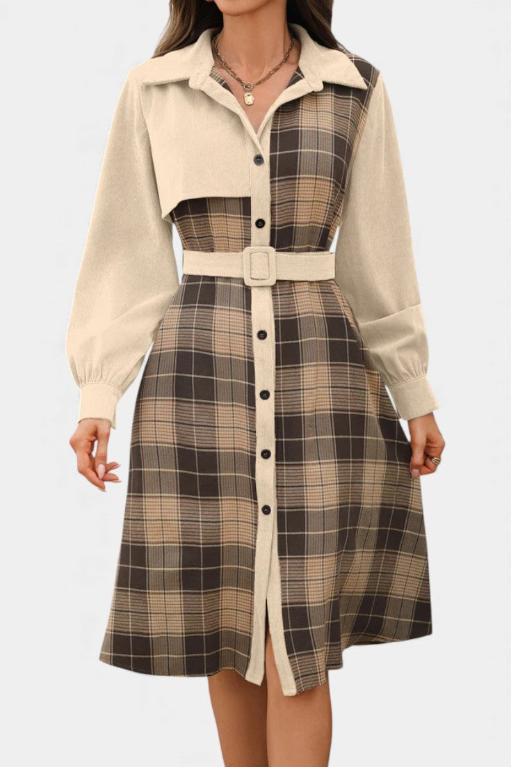 Naïla Robe Chemise Mi-Longue à Carreaux Patchwork Ceinturée
