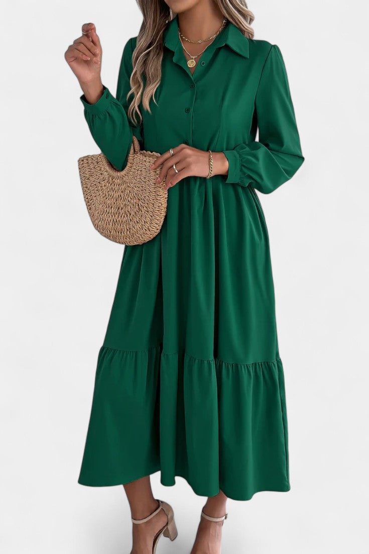 Jessica Robe Chemise Longue à Étages et Manches Longues Boutonnée