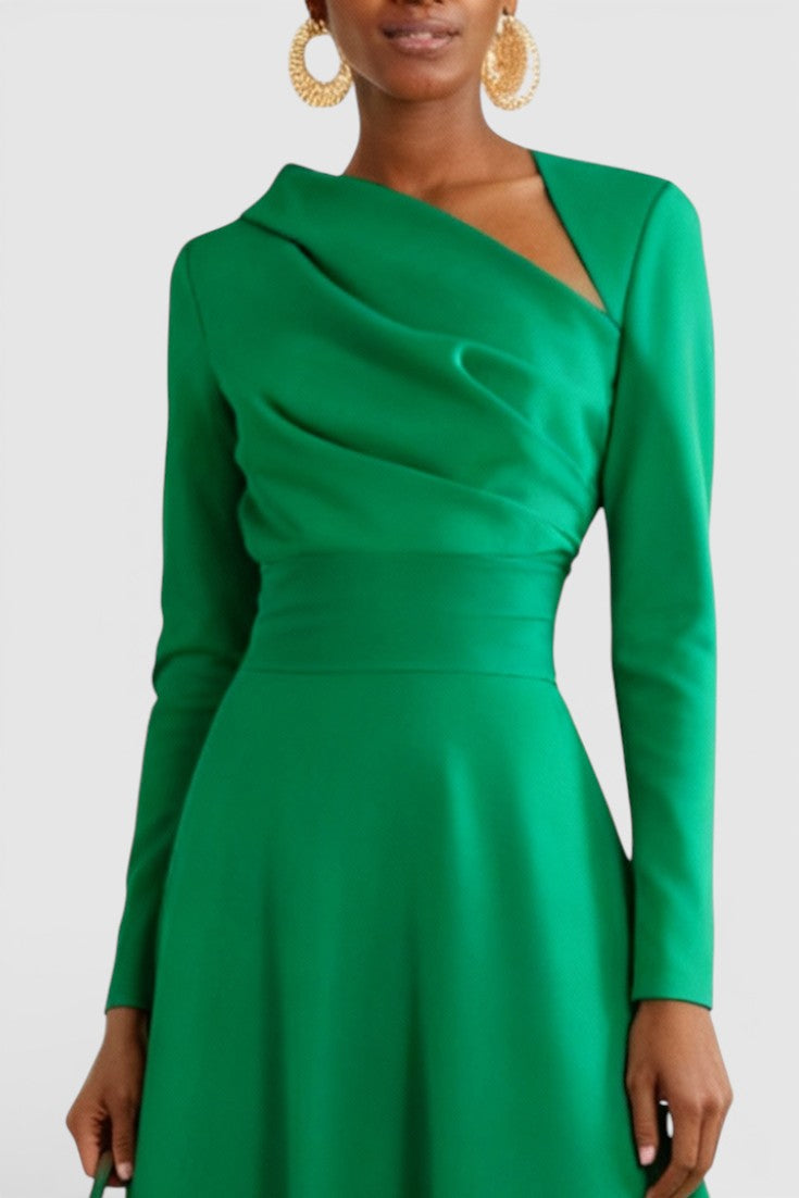 Wanda Robe Midi Asymétrique à Manches Longues et Coupe Trapèze