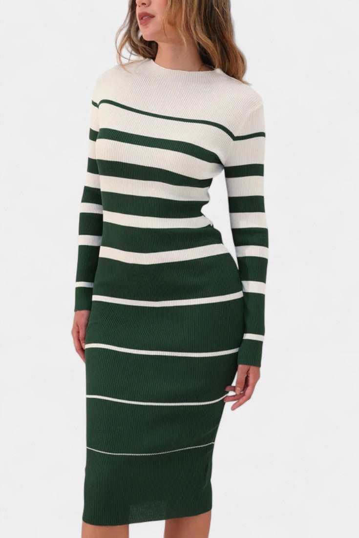 Azelyne Robe Pull Midi Tricotée à Rayures et Coupe Ajustée