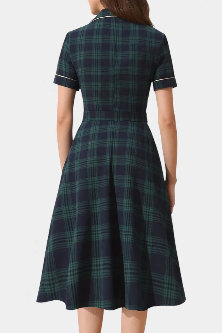 Lylas Robe Midi Vintage à Carreaux avec Revers Tailleur, Poches et Ceinture