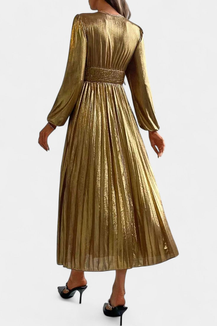 Faelyn Robe Plissée Brillante à Décolleté en V et Silhouette Fluide