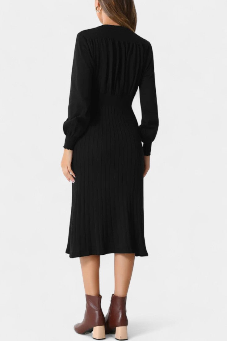 Arsina Robe Pull Midi Côtelée à Manches Lanterna et Col Rond