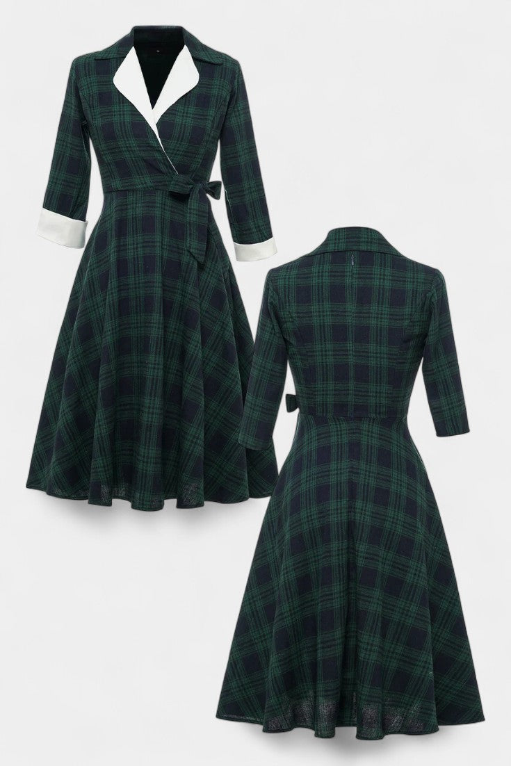 Marcelline Robe Midi Évasée à Carreaux avec Détail Lacé et Manches 3/4