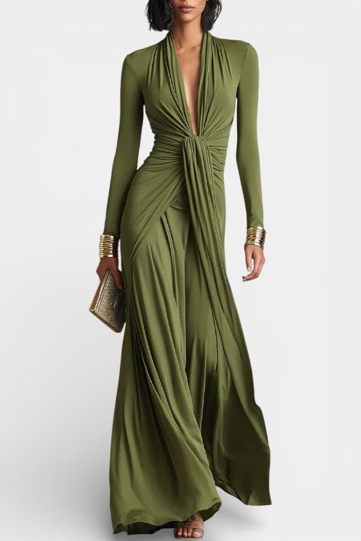 Sylvie Robe Longue Plissée Glamour Vert Olive à Décolleté Profond