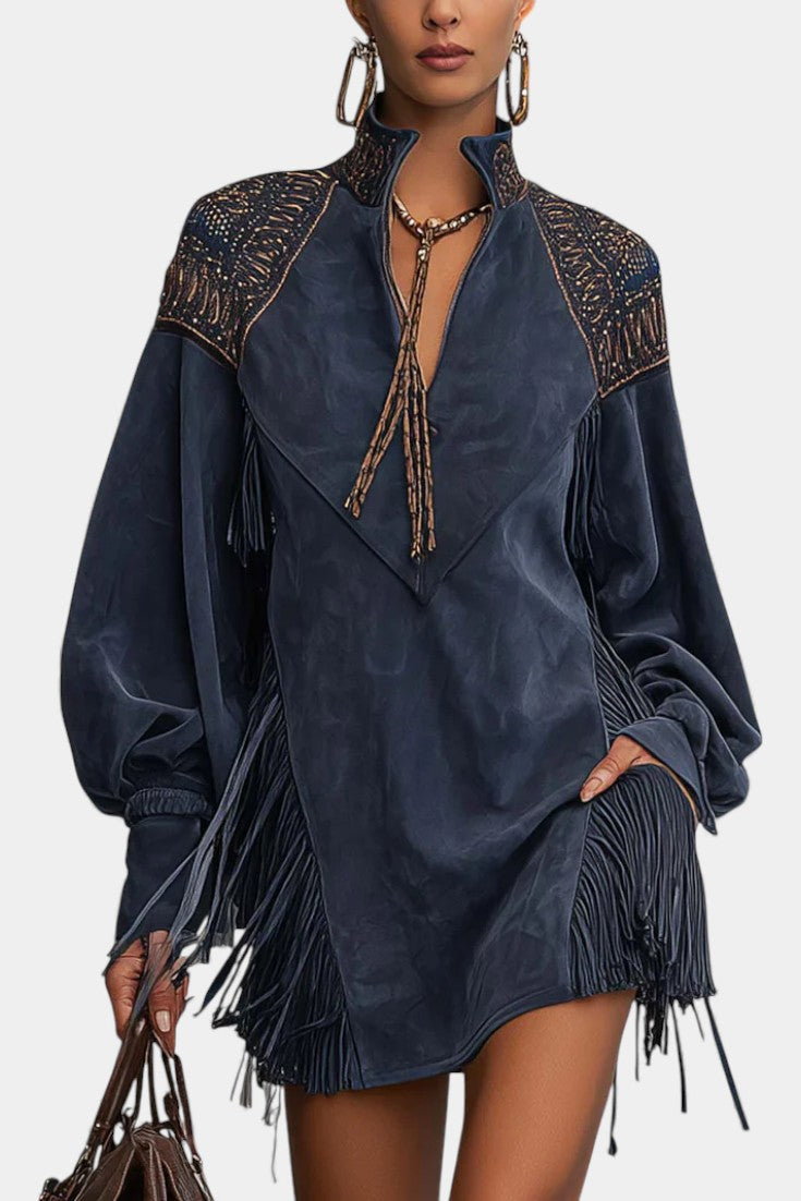 Féline Robe Mini Indigo à Col Montant, Broderies et Franges