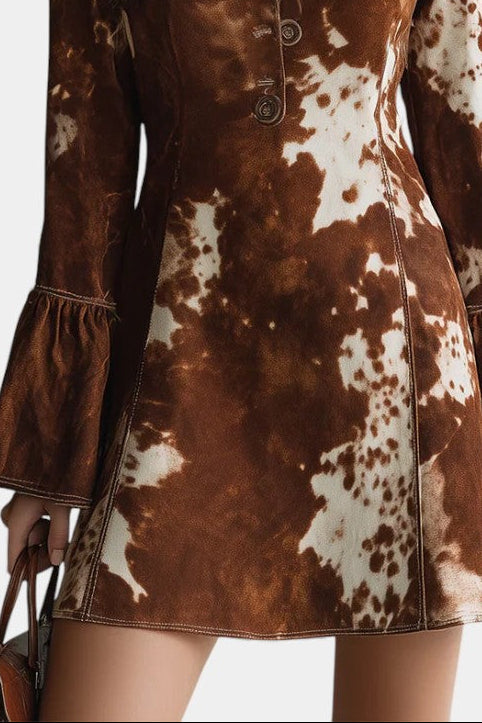 Nectarie Robe Mini Rétro à Manches Évasées et Imprimé Vache
