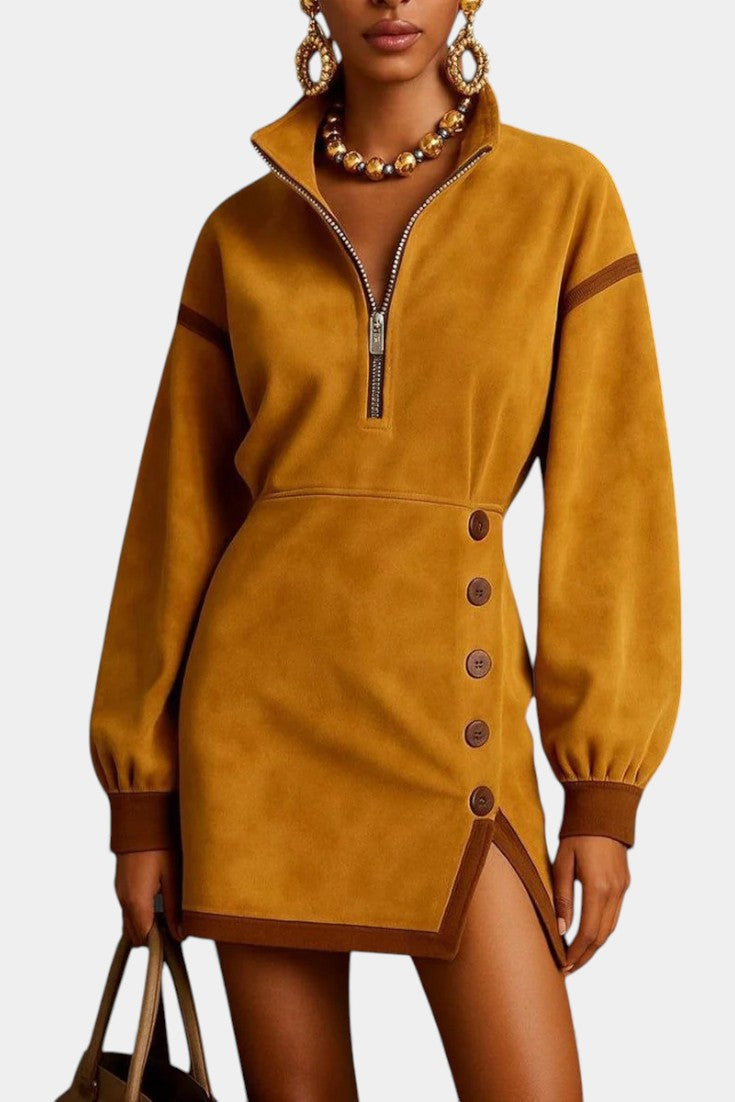 Roselinea Robe Mini en Suédine Gingembre à Col Montant Demi-Zip