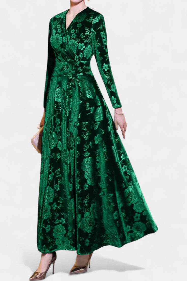 Ombeline Robe Longue en Velours à Col V et Motif Floral Texturé