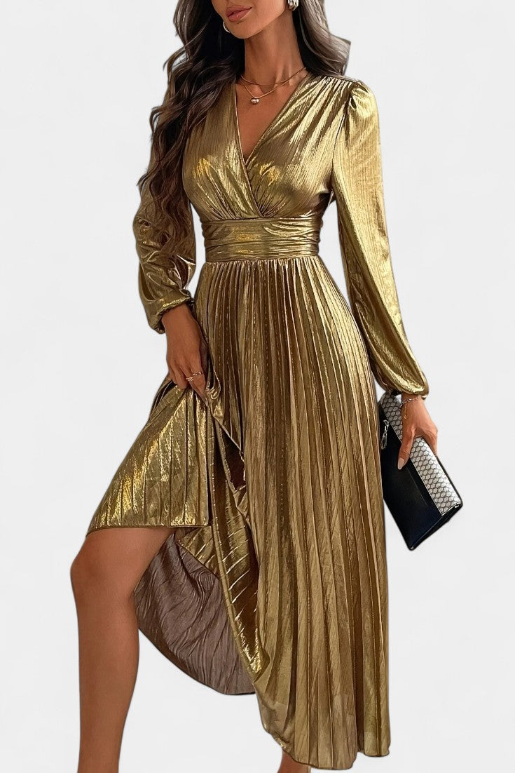 Faelyn Robe Plissée Brillante à Décolleté en V et Silhouette Fluide