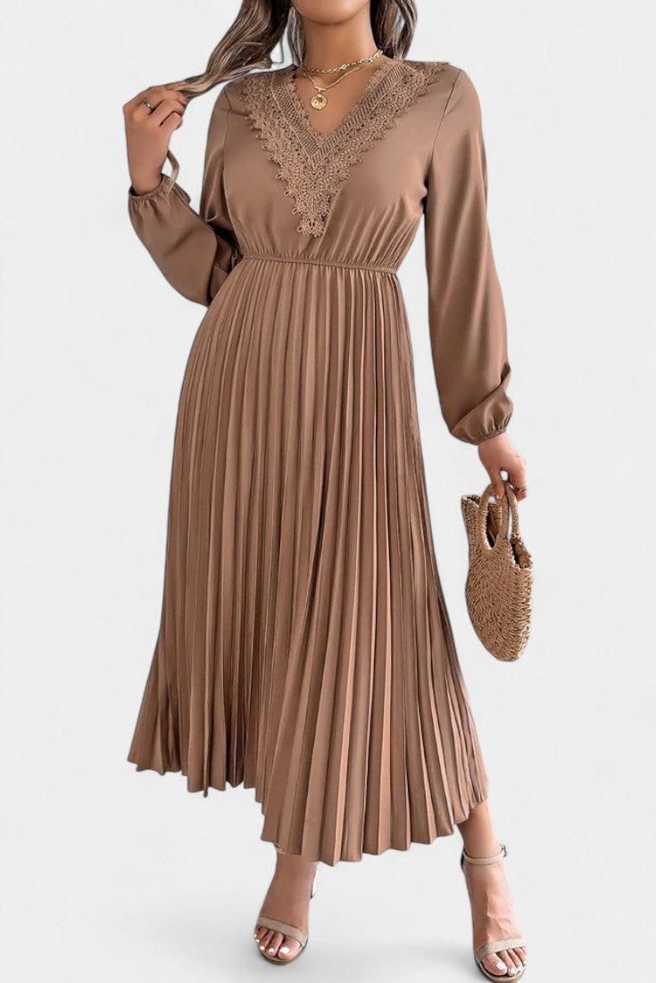 Séverine Robe Plissée en Dentelle à Manches Longues Bouffantes et Encolure en V