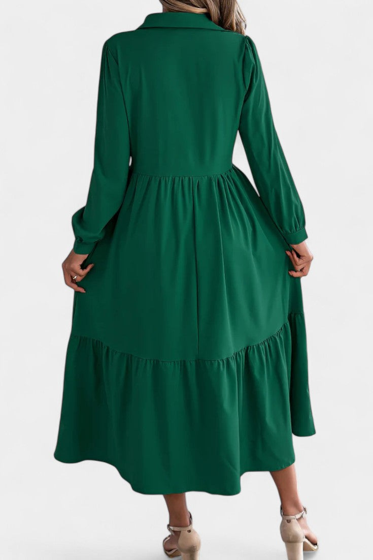 Jessica Robe Chemise Longue à Étages et Manches Longues Boutonnée