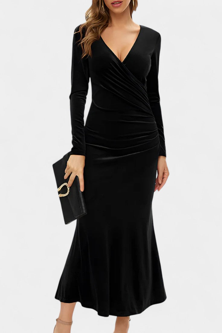 Hespérie Robe Longue en Velours à Fronces Asymétriques et Ourlet Sirène