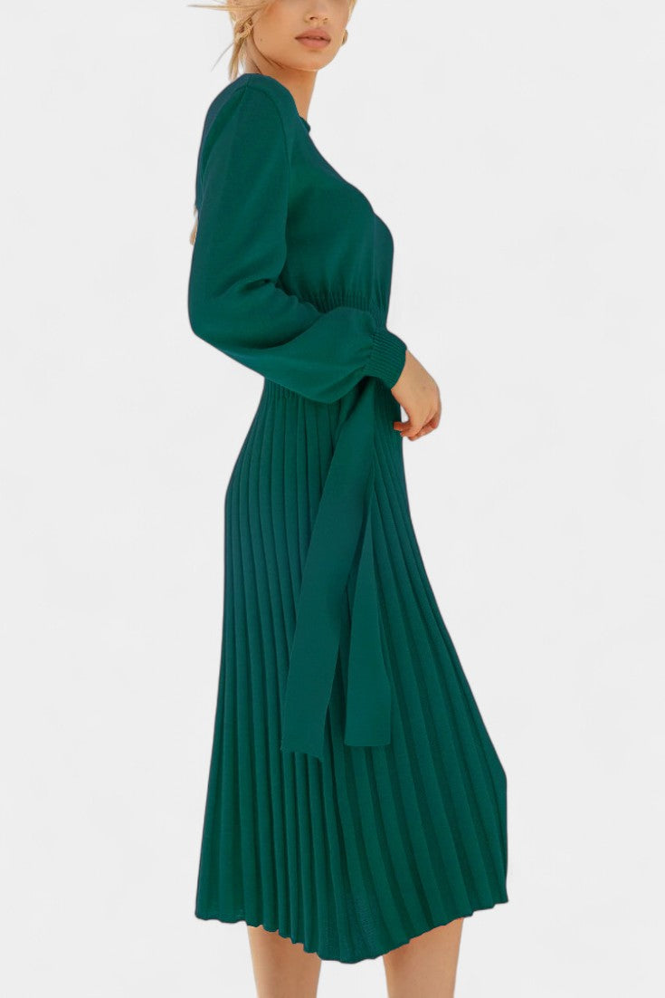 Chloéria Robe Pull Midi Plissée à Ceinture et Maille Côtelée