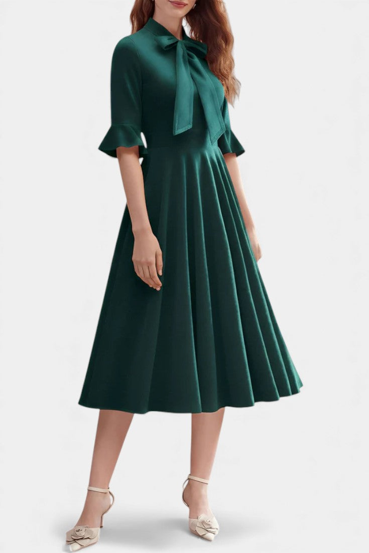 Domitille Robe Midi Vintage en Velours avec Manches Volantées et Nœud Élégant
