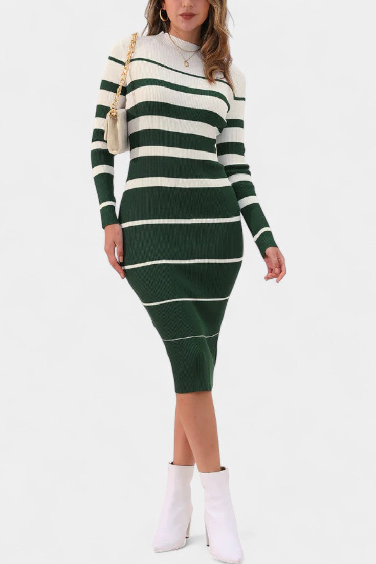 Azelyne Robe Pull Midi Tricotée à Rayures et Coupe Ajustée