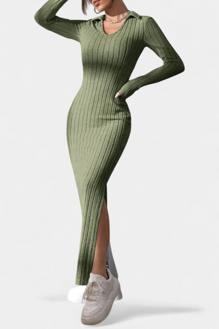 Élidia Robe Maxi Fendue à Col en V et Silhouette Ajustée