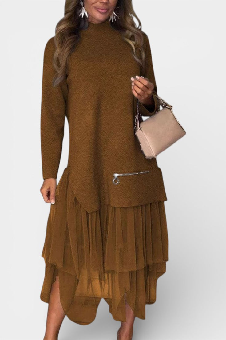 Fiorenza Robe Tricot et Tulle à Col Montant