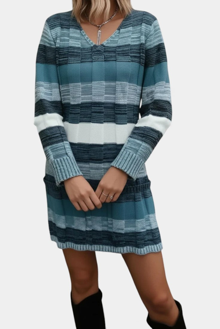 Lilas Robe Pull Tricotée à Rayures Colorées et Poches