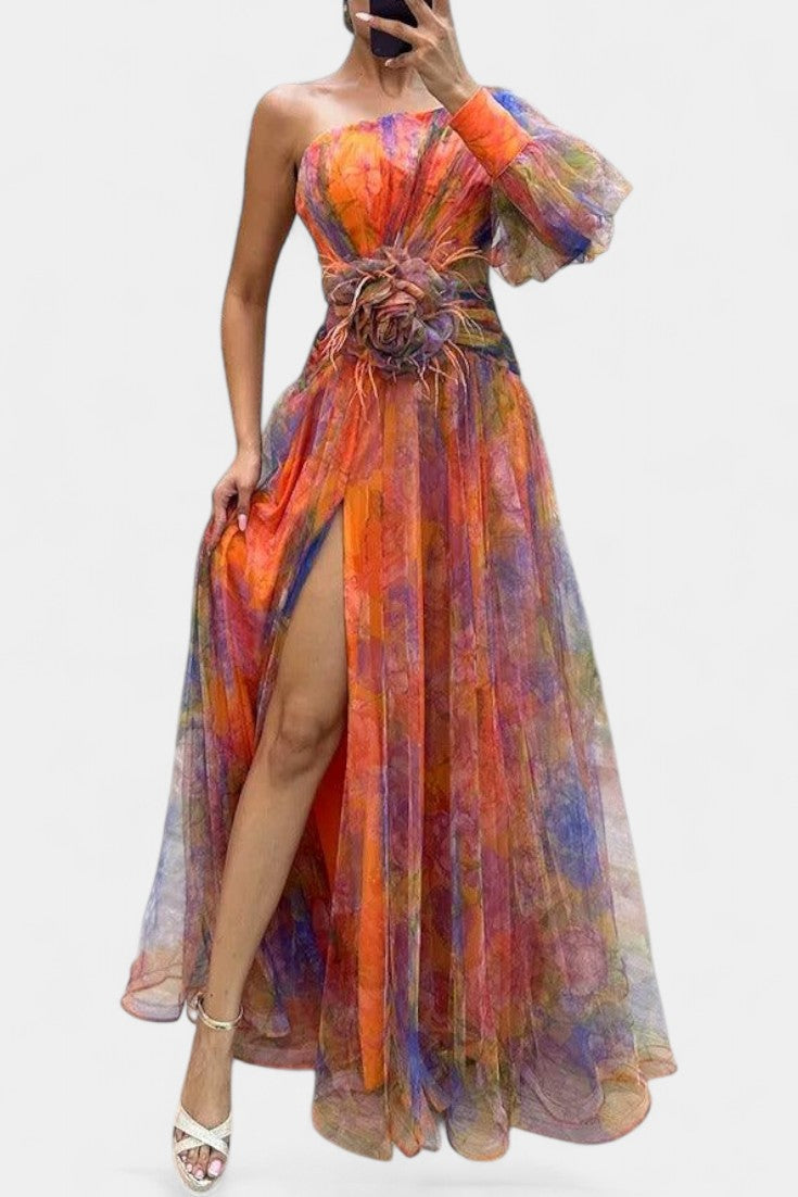 Amelie Robe Asymétrique à Imprimé Aquarelle et Détail Floral