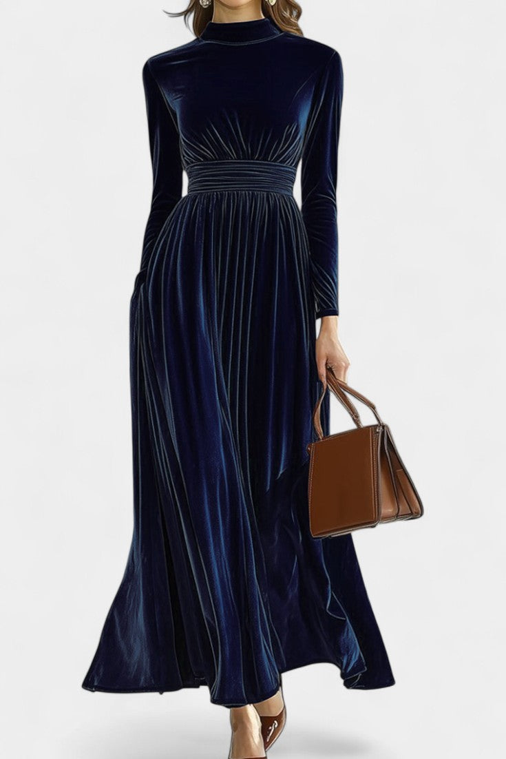 Doryane Robe Maxi en Velours à Col Montant et Manches Longues