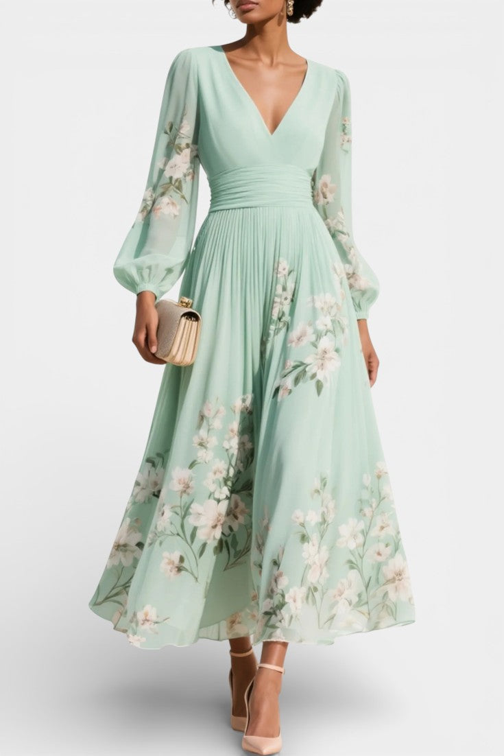 Shriley Robe Midi Plissée Florale en Chiffon Vert Clair à Col V