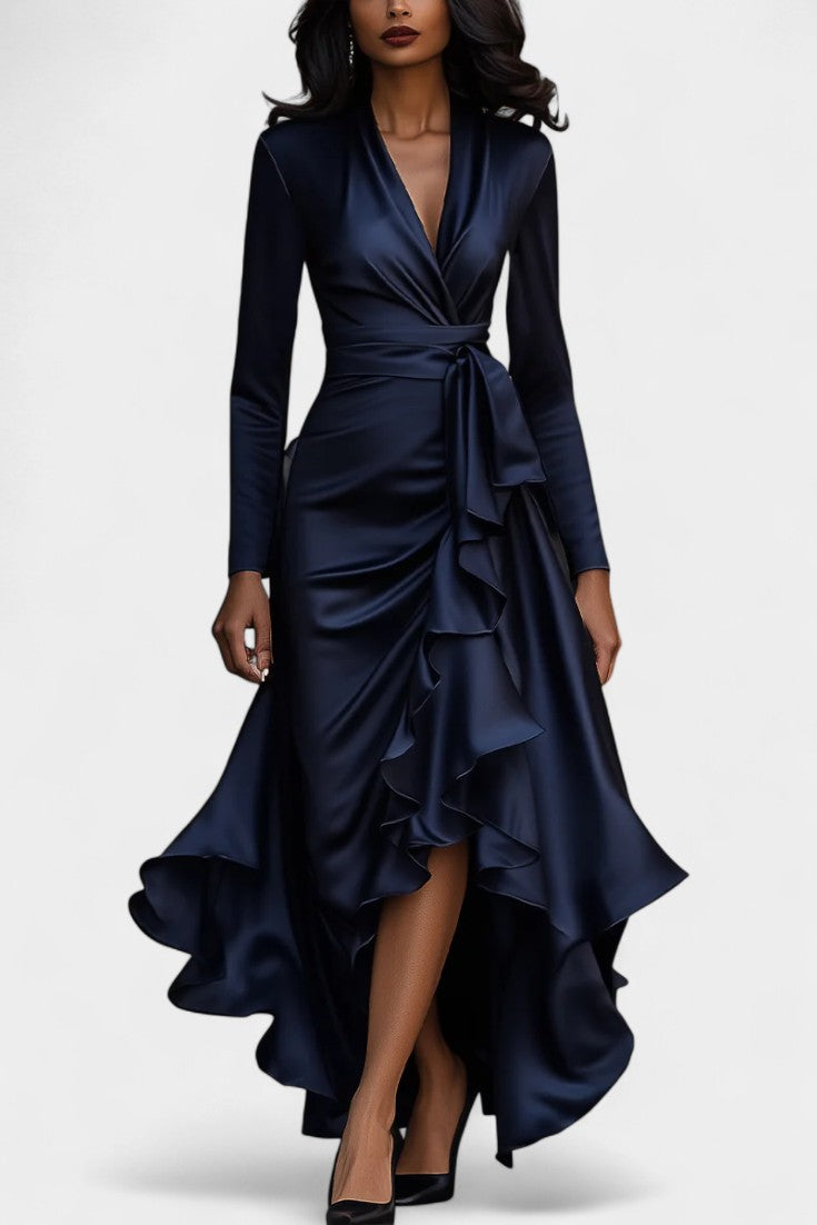 Isabeau Robe en Satin à Ourlet Volanté et Ceinture Ajustable