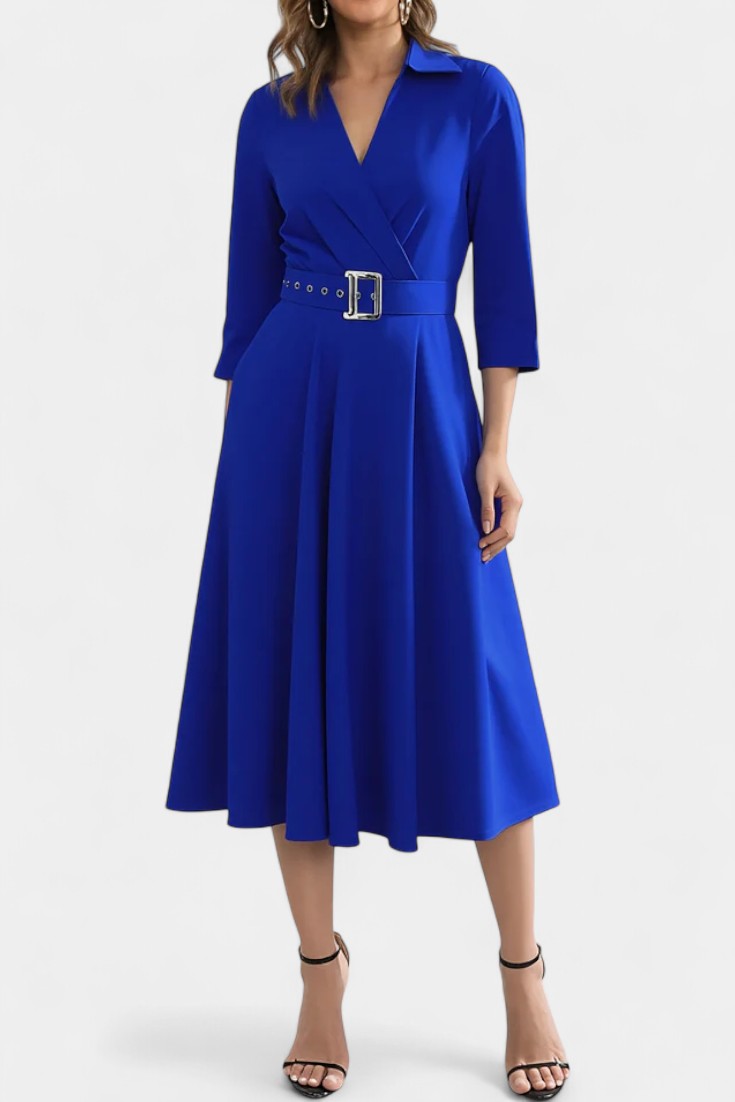 Constance Robe Midi Unie à Col Tailleur et Manches 3/4 Ceinturée