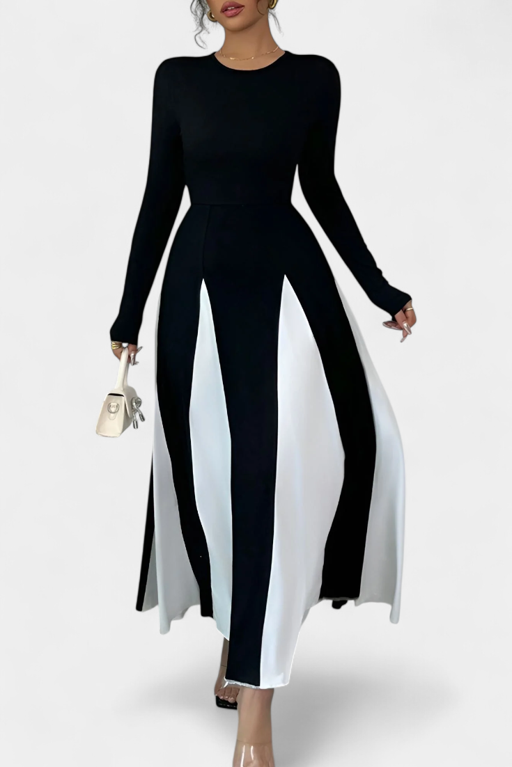 Veronique Robe Maxi Bicolore à Col Rond et Manches Longues