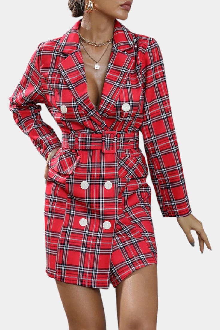 Maddy Robe Tailleur à Carreaux Pied-de-Poule avec Revers et Ceinture