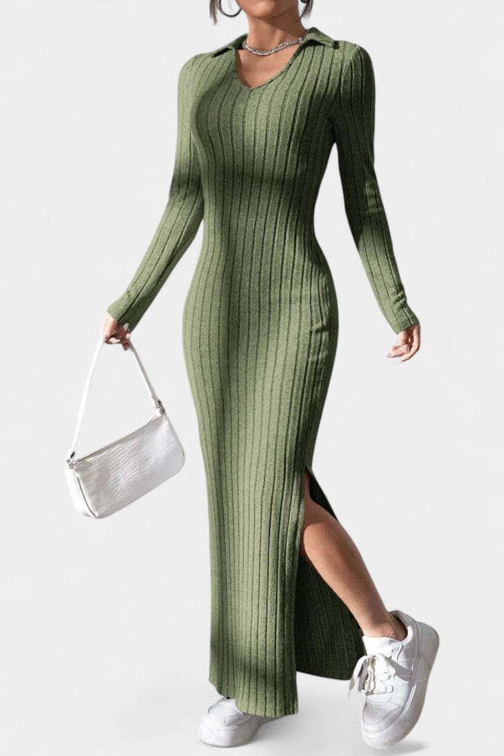 Élidia Robe Maxi Fendue à Col en V et Silhouette Ajustée