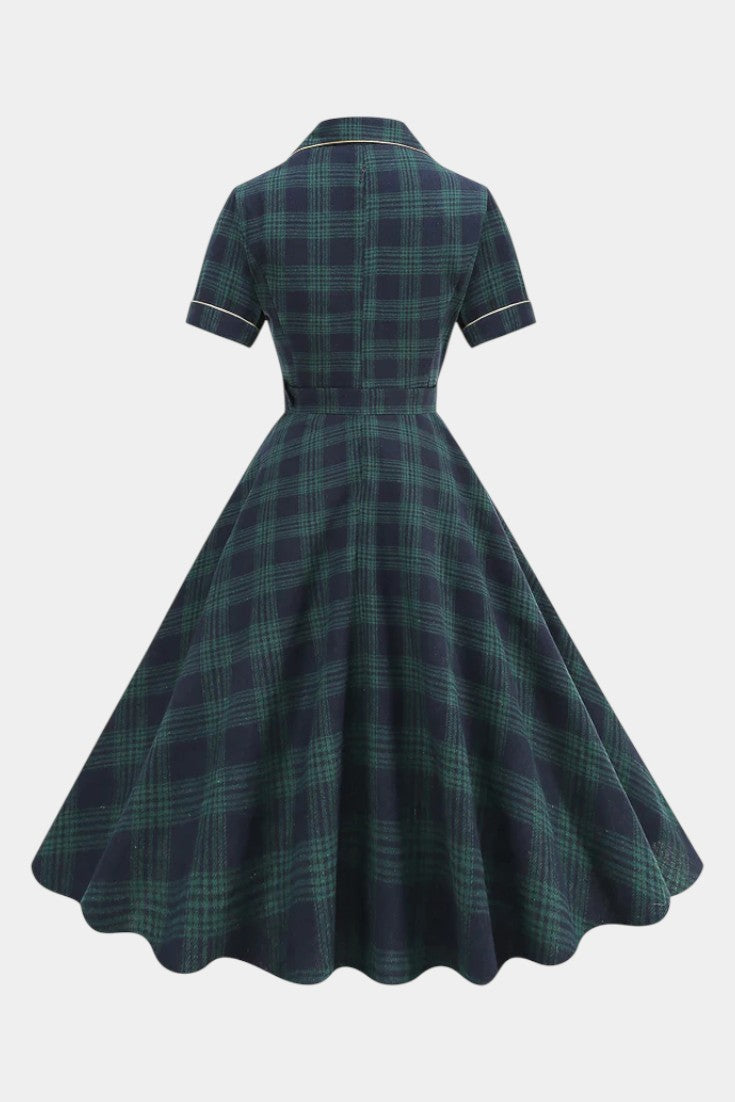 Lylas Robe Midi Vintage à Carreaux avec Revers Tailleur, Poches et Ceinture